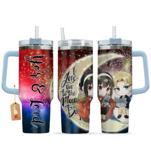 Yor & Loid 40oz Travel Tumbler With Handle Personalized I Love You To The Moon And Back Collection