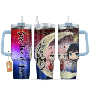 Zero Two & Hiro 40oz Travel Tumbler With Handle Personalized I Love You To The Moon And Back Collection