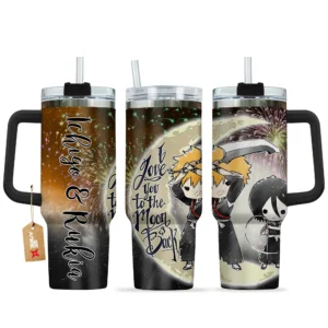 Ichigo & Rukia 40oz Travel Tumbler With Handle Personalized I Love You To The Moon And Back Collection