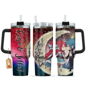 Erza & Jellal 40oz Travel Tumbler With Handle Personalized I Love You To The Moon And Back Collection