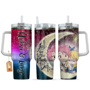 Natsu & Lucy 40oz Travel Tumbler With Handle Personalized I Love You To The Moon And Back Collection