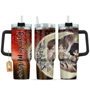 Eren & Mikasa 40oz Travel Tumbler With Handle Personalized I Love You To The Moon And Back Collection
