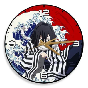 Obanai Iguro Kanagawa Wave Red Sun Wooden Clock Anime Wall Clock-Wexanime