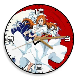 Orihime Inoue Wooden Wall Clock Kanagawa Wave Red Sun Anime-Wexanime