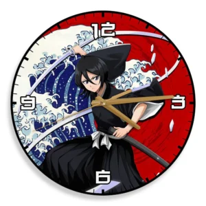Rukia Kuchiki Wooden Wall Clock Kanagawa Wave Red Sun Anime-Wexanime