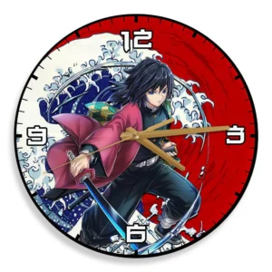 Giyu Tomioka Kanagawa Wave Red Sun Wooden Clock Anime Wall Clock-Wexanime