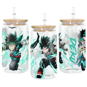 Izuku Midoriya (Deku) Anime Glass Can 16oz Custom Personalized Water Bottle