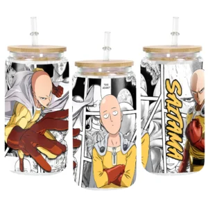 Glass Can 16oz Anime Water Bottle Saitama Personalized Name