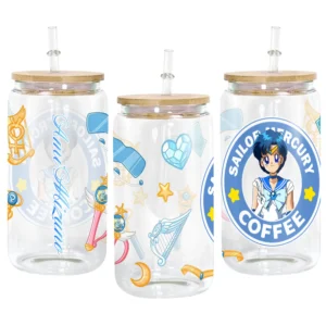 Sailor Mercury Ami Mizuno Anime Glass Can 16oz Custom Personalized Water Bottle