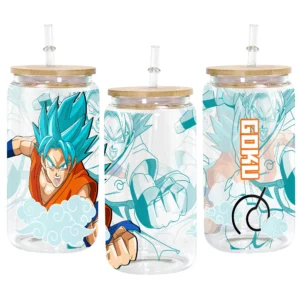 Goku Blue Anime Glass Can 16oz Custom Personalized Water Bottle