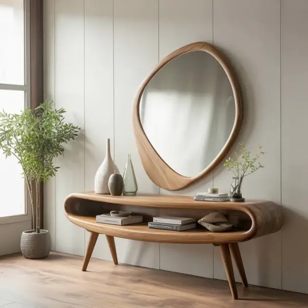 Mid Century Entryway Table Solid Wood with Mirror